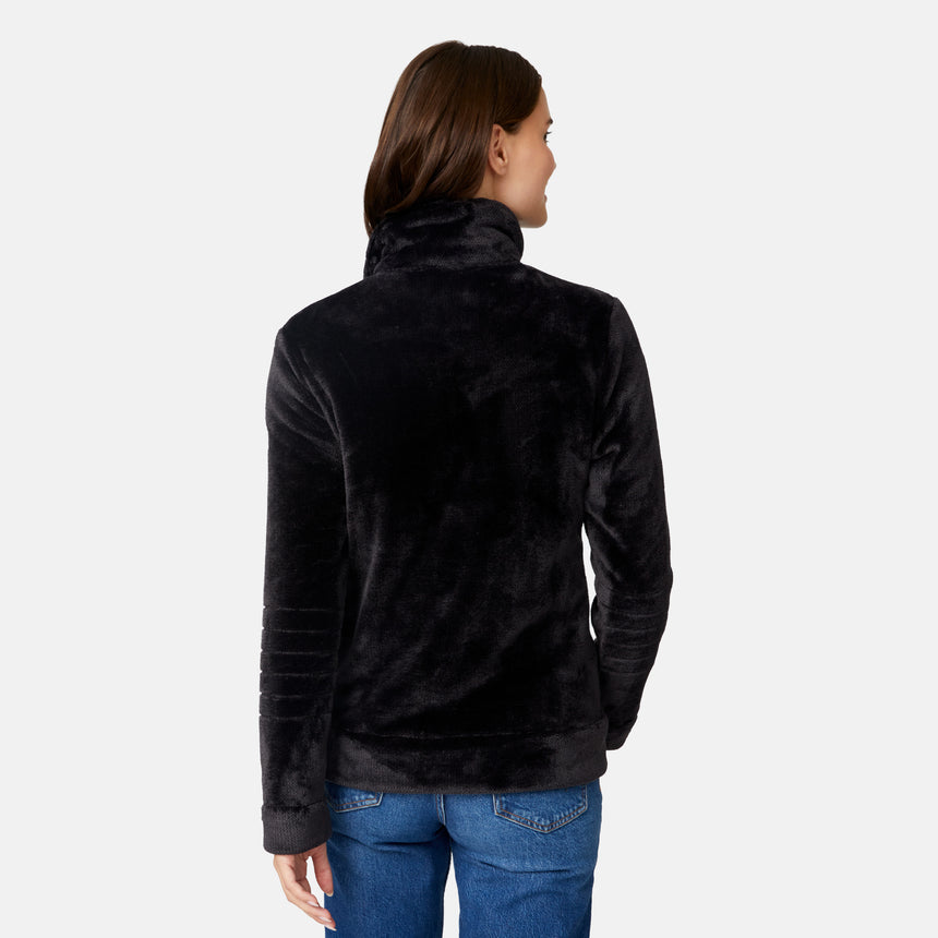 [Jessica is 5'9.5" wearing size S.] Woman wearing a black Frosted Butter Pile® fleece jacket on a white background