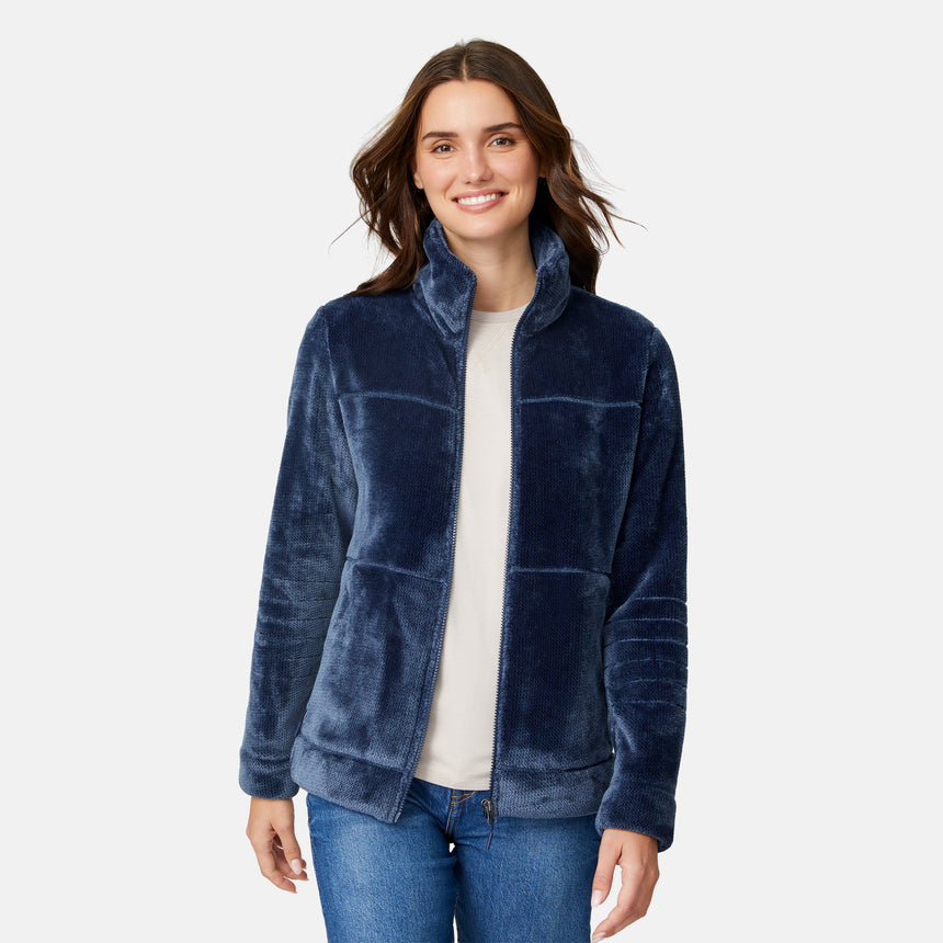 [Jessica is 5'9.5" wearing size S.] Woman wearing a blue Frosted Butter Pile® fleece jacket on a white background