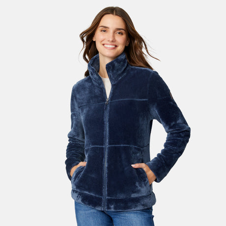 [Jessica is 5'9.5" wearing size S.] Woman wearing a blue Frosted Butter Pile® fleece jacket on a white background