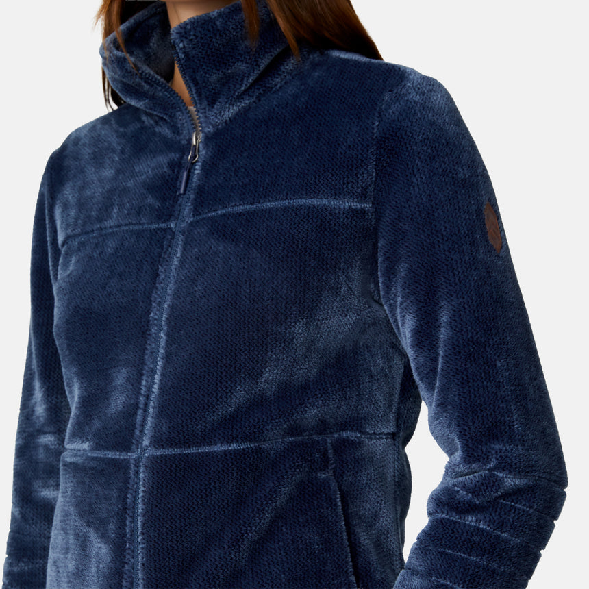 [Jessica is 5'9.5" wearing size S.] Woman wearing a blue Frosted Butter Pile® fleece jacket on a white background