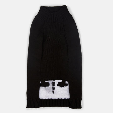 The Clearance Dog Halloween Sweater is a black knit with a high collar and a white geometric patterned hem, ideal for festive dog attire or cozy Halloween wear, shown laid flat on a white background.