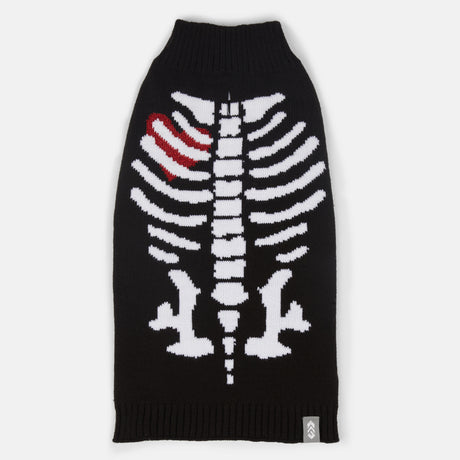 The Clearance Dog Halloween Sweater is a black knit pullover with a white skeleton ribcage and one red rib on the left side—festive Halloween clothing for your pup!.