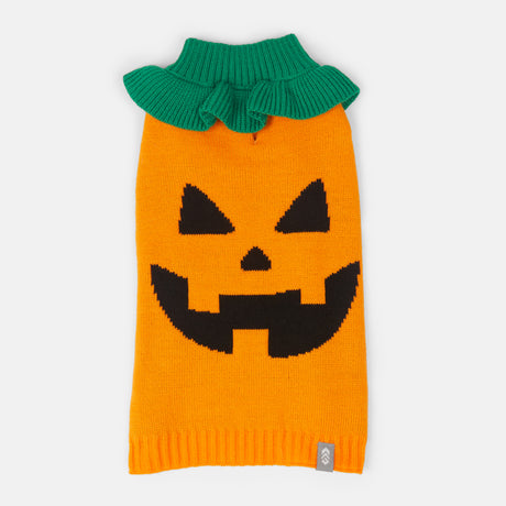 The Clearance Dog Halloween Sweater features an orange knit design with a black jack-o-lantern face and green ribbed collar, resembling a pumpkin stem—festive dog clothing laid flat on a white background.