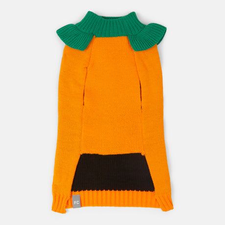 The Clearance Dog Halloween Sweater is a bright orange knit with a green ruffled collar, black trim at the bottom, front leg openings, and a small gray FC tag—perfect festive clothing for your pup!.