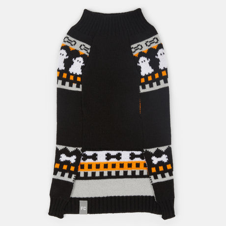 The Clearance Dog Halloween Sweater is a black knit dog sweater with white ghosts, black bats, orange accents, and bone patterns—festive clothing perfect for your pup’s spooky celebrations.