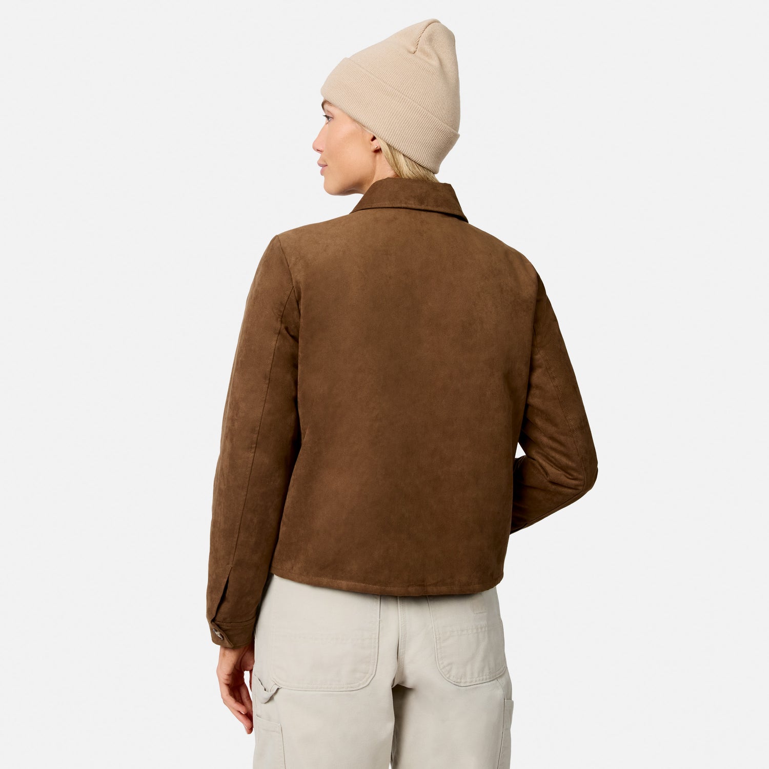 [Model is wearing size S.] A model shown from the back wearing a brown suede jacket, a beige knit beanie, and light beige cargo pants against a plain white studio background.