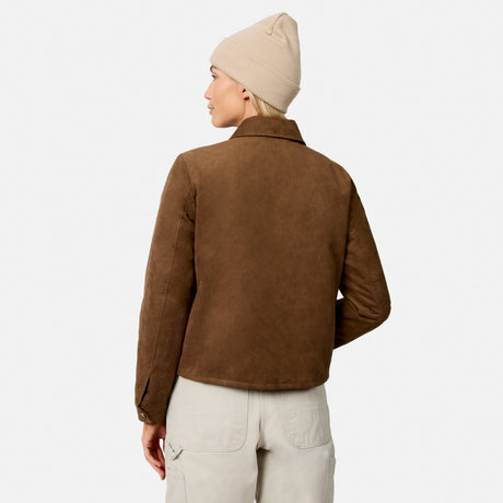 [Model is wearing size S.] A model shown from the back wearing a brown suede jacket, a beige knit beanie, and light beige cargo pants against a plain white studio background.