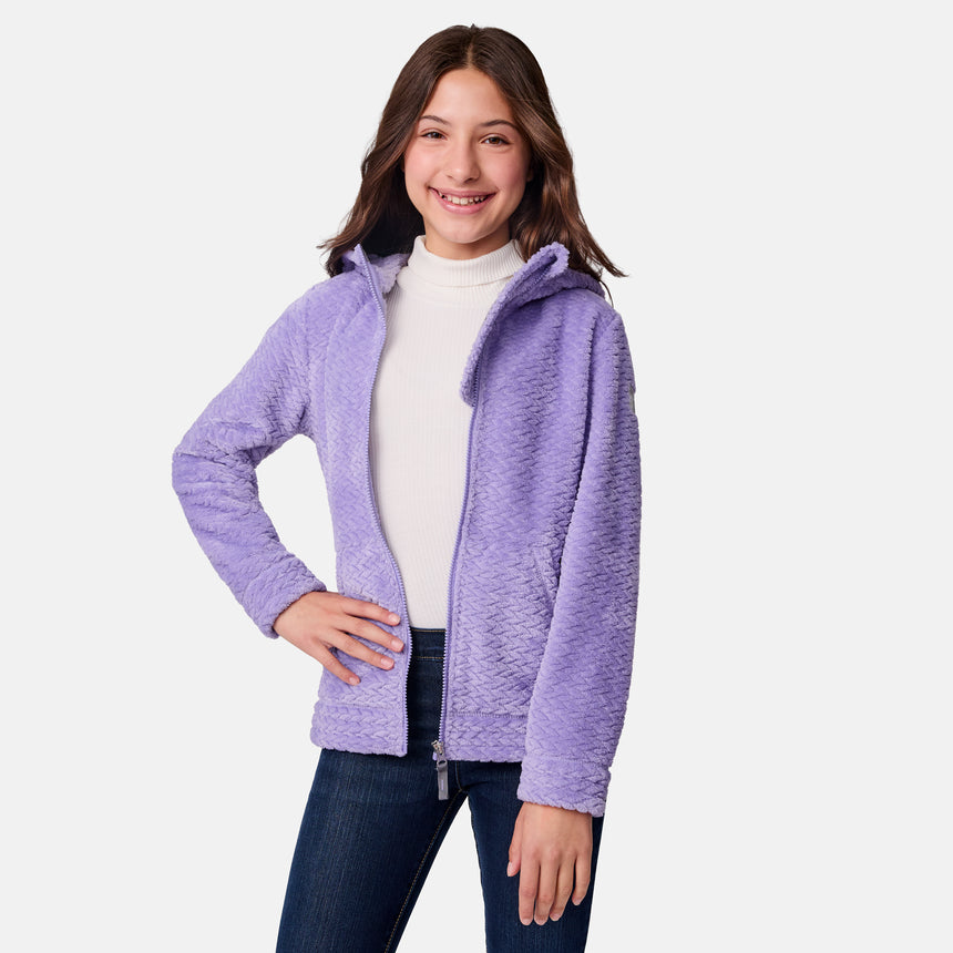 [Samantha is wearing size M.] Girls' light purple textured fleece jacket with high collar and zip front — soft, cozy layer with side pockets for cold-weather comfort