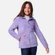 [Samantha is wearing size M.] Girls' light purple textured fleece jacket with high collar and zip front — soft, cozy layer with side pockets for cold-weather comfort
