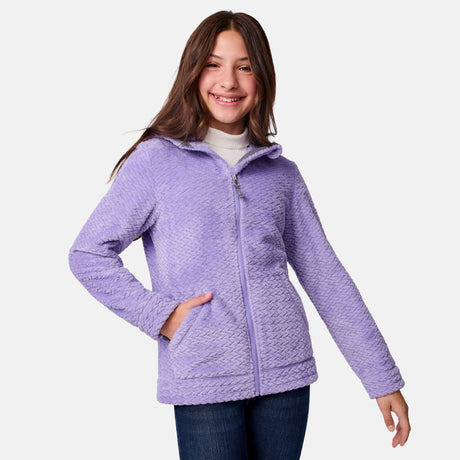 [Samantha is wearing size M.] Girls' light purple textured fleece jacket with high collar and zip front — soft, cozy layer with side pockets for cold-weather comfort