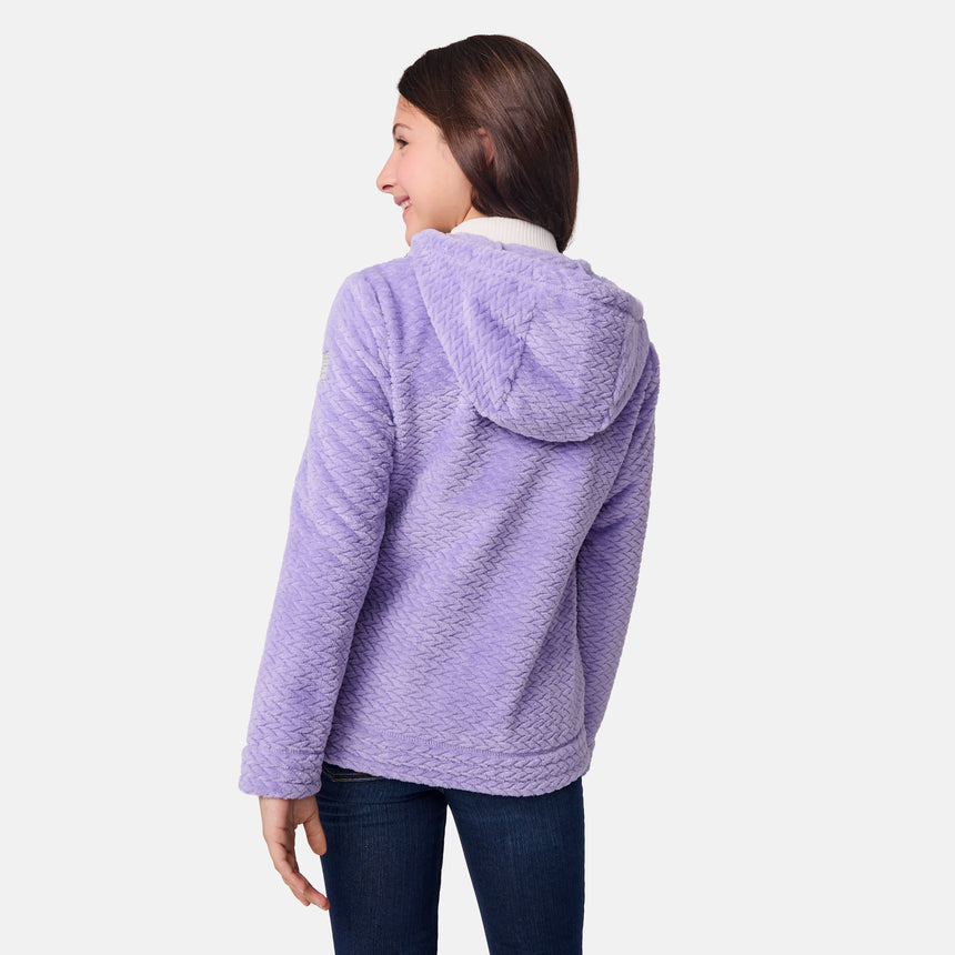 [Samantha is wearing size M.] Girls' light purple textured fleece jacket with high collar and zip front — soft, cozy layer with side pockets for cold-weather comfort