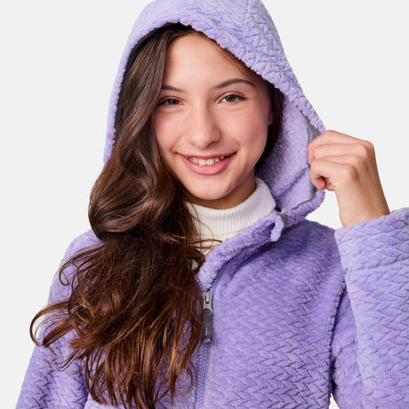 [Samantha is wearing size M.] Girls' light purple textured fleece jacket with high collar and zip front — soft, cozy layer with side pockets for cold-weather comfort