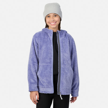 A smiling girl wearing a lavender Girls’ Braided Butter Pile® Jacket and a gray beanie.