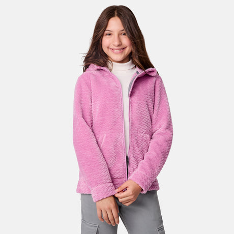 [Samantha is wearing size M.] Girls' pink fuzzy hooded jacket with zip front and side pocket — ultra-soft fleece layer for cold-weather comfort