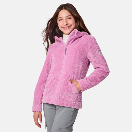 [Samantha is wearing size M.] Girls' pink fuzzy hooded jacket with zip front and side pocket — ultra-soft fleece layer for cold-weather comfort