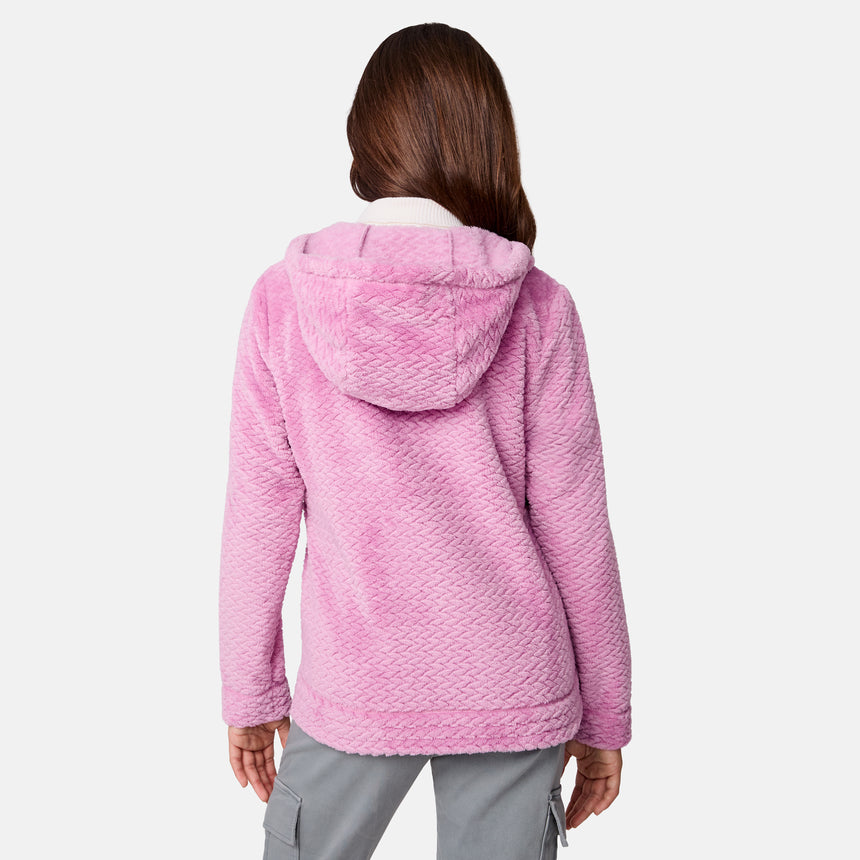 [Samantha is wearing size M.] Girls' pink fuzzy hooded jacket with zip front and side pocket — ultra-soft fleece layer for cold-weather comfort