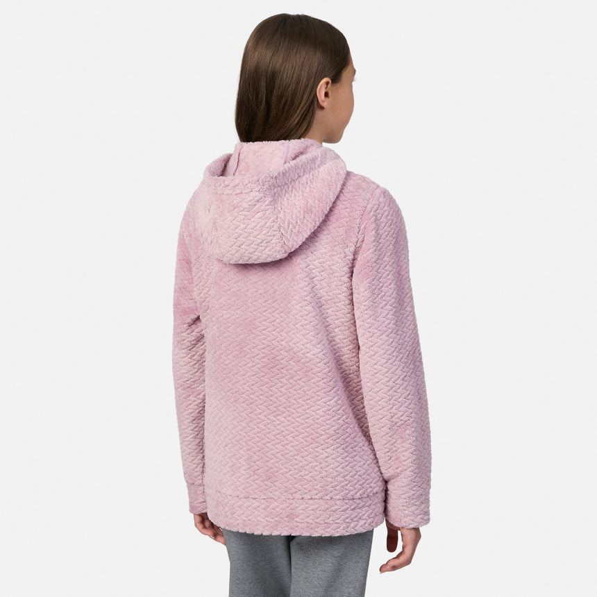 A girl seen from behind wearing a pink Girls’ Braided Butter Pile® Jacket with a textured braided pattern.