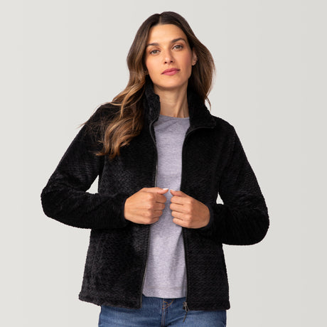 [Olga is 5’9” wearing a size Small.] Women's Braided Butter Pile® Jacket - S - Black - #color_black