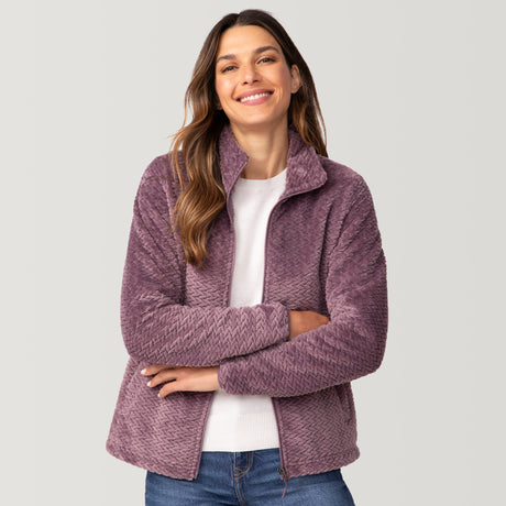 [Olga is 5’9” wearing a size Small.] Women's Braided Butter Pile® Jacket - S - Plumberry - #color_plumberry