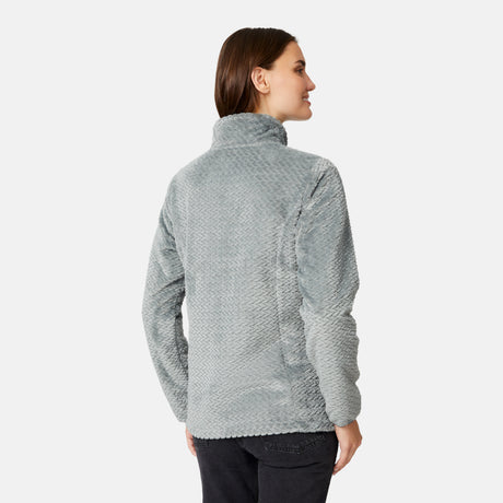 [Jessica is 5'9.5" wearing size S.] Woman wearing a green quilted fleece jacket on a light gray background