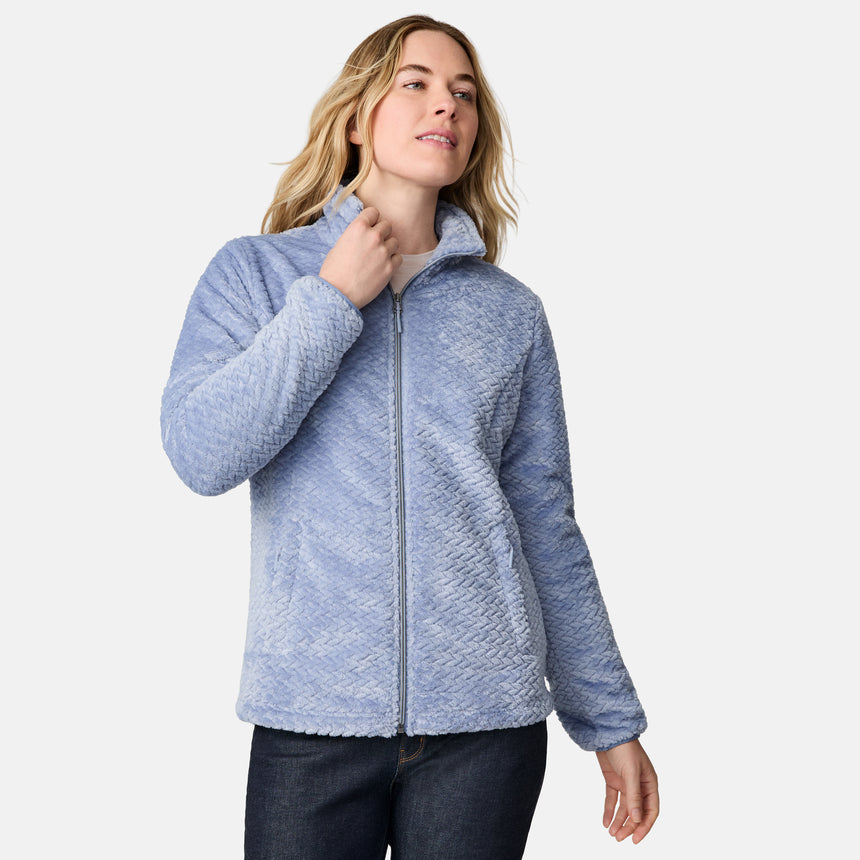 [CJ is 5'10" wearing size S.] Woman wearing a blue quilted fleece jacket on a white background