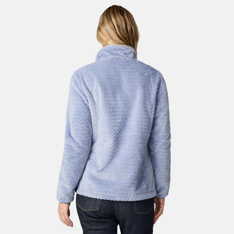[CJ is 5'10" wearing size S.] Woman wearing a blue quilted fleece jacket on a white background