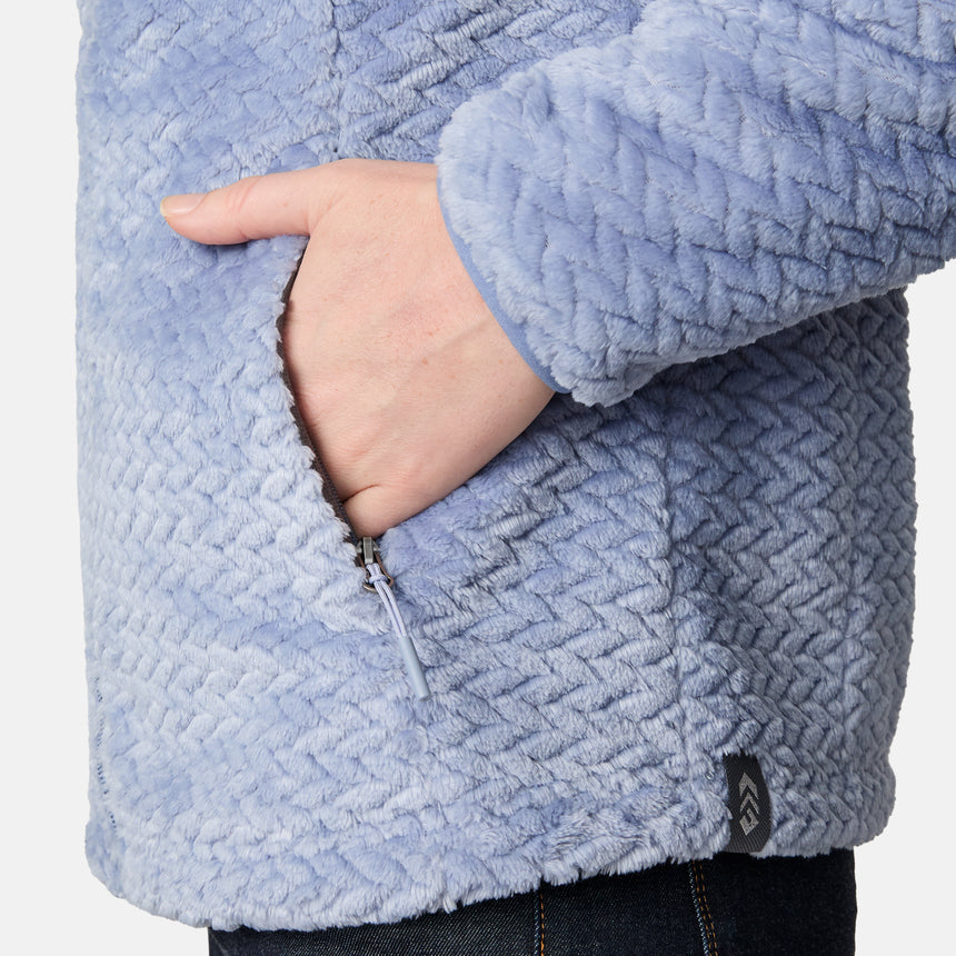 [CJ is 5'10" wearing size S.] Woman wearing a blue quilted fleece jacket on a white background