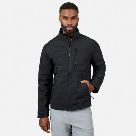 [Model is wearing size M.] A man wearing a black zip-up jacket with a stand-up collar and light gray pants, standing against a light gray studio background.