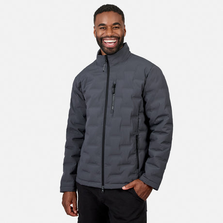 [Model is wearing size M.] A smiling man wearing a dark gray quilted jacket with a high collar and black zipper details, paired with black pants, set against a plain light gray background.