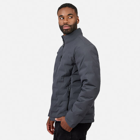 [Model is wearing size M.] A man wearing a dark gray zip-up puffer jacket, shown in profile against a light gray studio background.