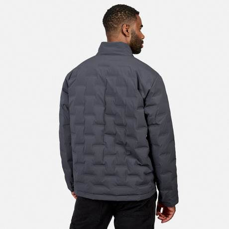 [Model is wearing size M.] A man viewed from the back wearing a dark gray quilted puffer jacket with a stand-up collar, set against a plain light gray studio background.