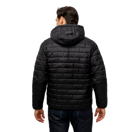 A man wearing the Clearance Men's FreeCycle® Brick Puffer+ Jacket and dark jeans stands facing away, displaying the back of the puffer jacket against a white background.