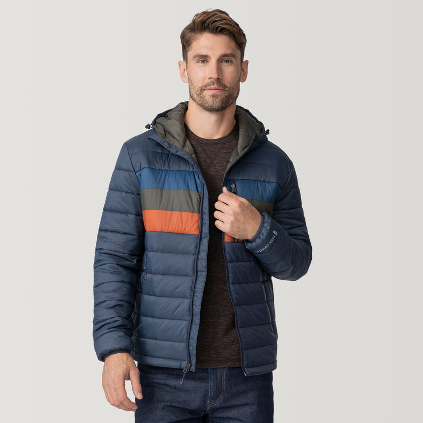 [Matt is 6'2" wearing a size Medium.] Men's Tri-Color Hooded Puffer - M - Dark Navy - #color_dark_navy