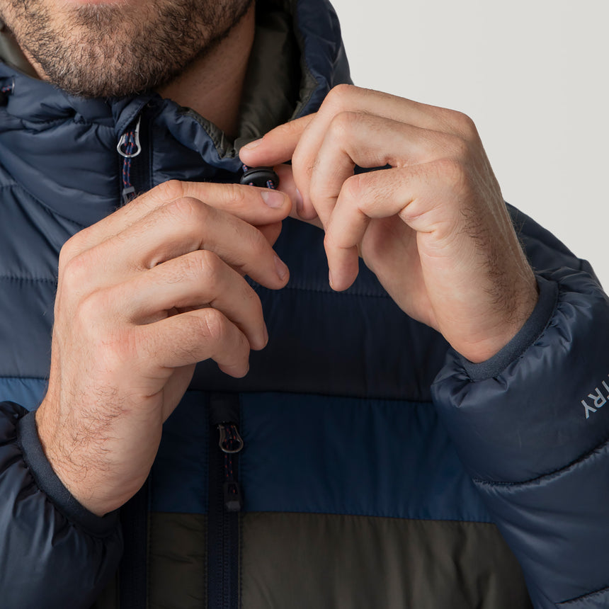 [Matt is 6'2" wearing a size Medium.] Men's Tri-Color Hooded Puffer - M - Dark Navy - #color_dark_navy