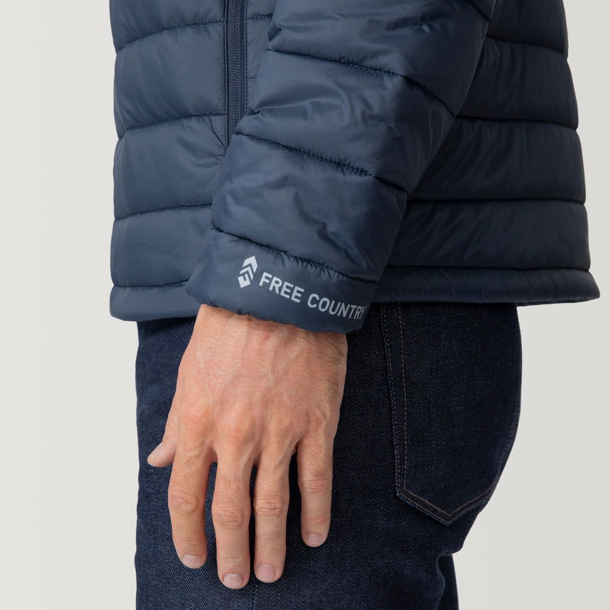 [Matt is 6'2" wearing a size Medium.] Men's Tri-Color Hooded Puffer - M - Dark Navy - #color_dark_navy