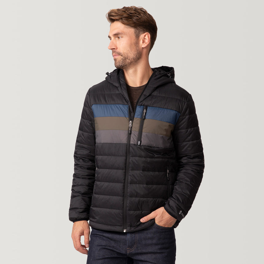 [Matt is 6'2" wearing a size Medium.] Men's Tri-Color Hooded Puffer - M - Jet Black - #color_jet_black