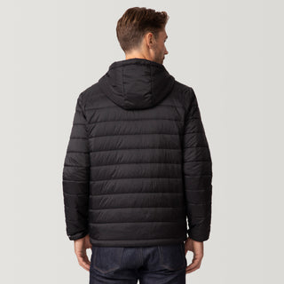 [Matt is 6'2" wearing a size Medium.] Man wearing the Free Country Men's Tri-Color Hooded Puffer Jacket in black with horizontal stripes in blue, brown, and grey, standing against a plain light background.