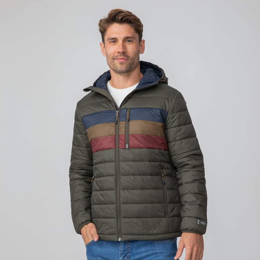 [Matt is 6'2" wearing a size Medium.] Men's Tri-Color Hooded Puffer - M - Olive - #color_olive