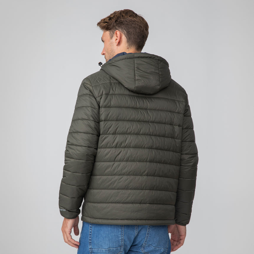 [Matt is 6'2" wearing a size Medium.] Men's Tri-Color Hooded Puffer - M - Olive - #color_olive