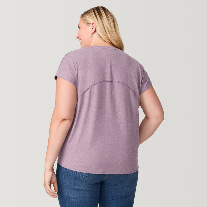 [Lola is 5'10.5" wearing a size 1X.] Women's Plus Size Microtech Chill B Cool Tee - 1X - Plumberry #color_plumberry