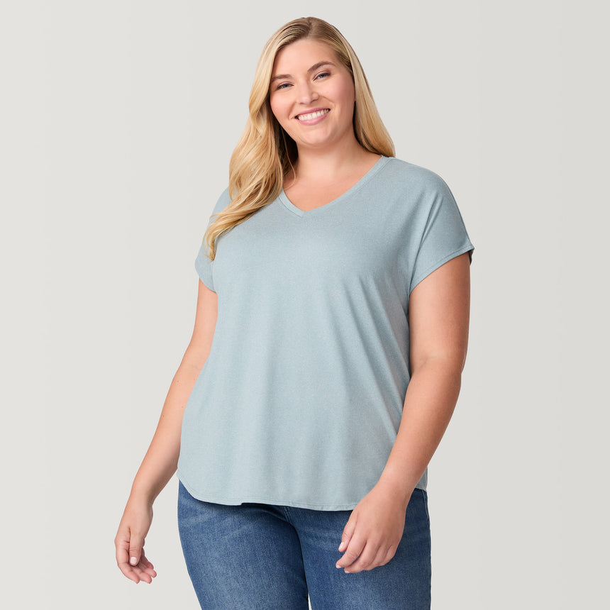 [Lola is 5'10.5" wearing a size 1X.] Women's Plus Size Microtech Chill B Cool Tee - 1X - Willow #color_willow