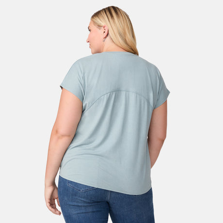[Lola is 5'10.5" wearing a size 1X.] Women's Plus Size Microtech Chill B Cool Tee - 1X - Willow #color_willow