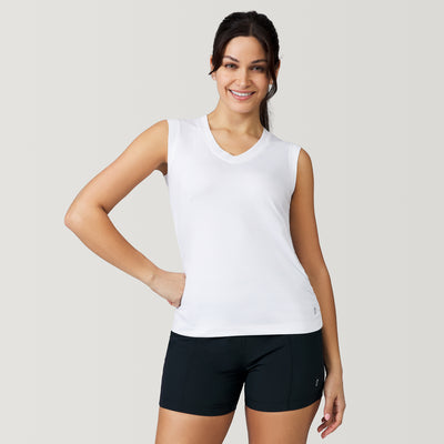 [Michelle is 5'8" wearing a size Small] Women's Microtech® Chill V-Neck Tank Top - S - White #color_white