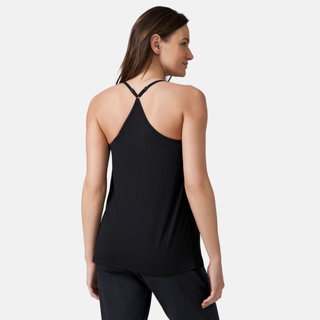 [Emily is 5’9” wearing a size Small.] Free Country Womens Free2B B Cool V-Neck Built-In Bra Cami Top - Black - S#color_black