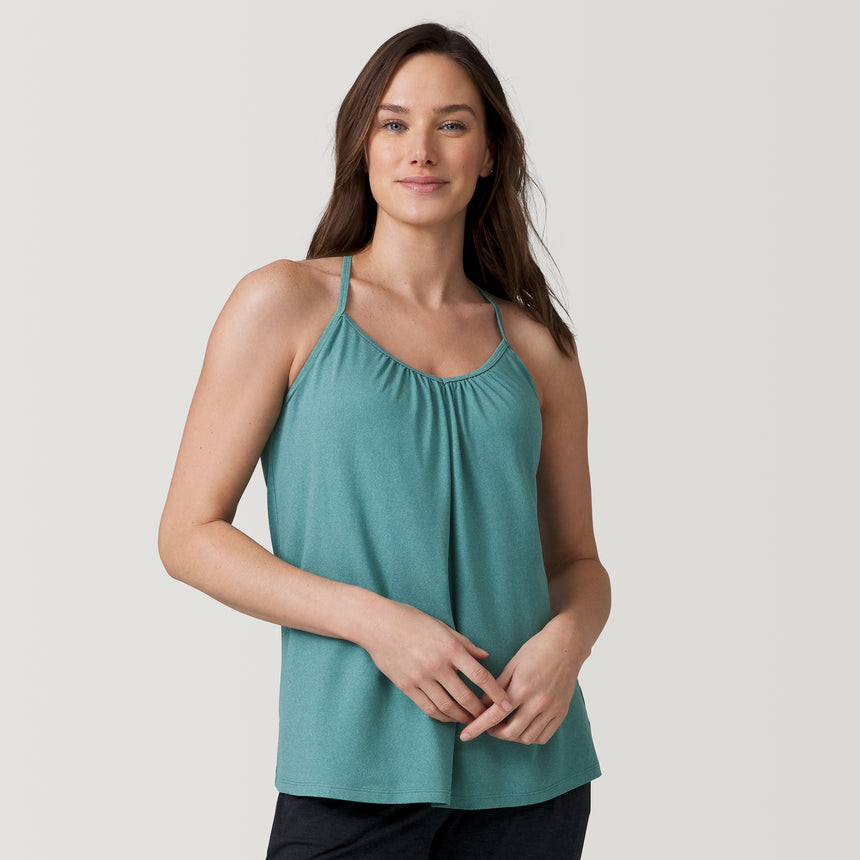 [Emily is 5’9” wearing a size Small.] Free Country Women's Free2B B Cool V-Neck Built-In Bra Cami Top - Laurel - S #color_laurel