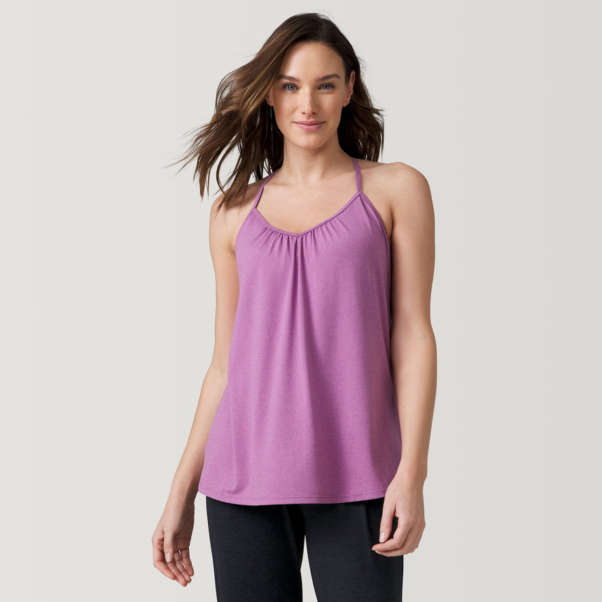 [Emily is 5’9” wearing a size Small.] Free Country Women's Free2B B Cool V-Neck Built-In Bra Cami Top - Mulberry - S #color_mulberry