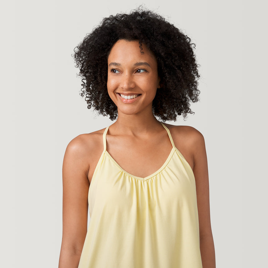 [Victoria is 5’11” wearing a size Small.] Free Country Women's Free2B B Cool V-Neck Built-In Bra Cami Top - Pineapple - S #color_pineapple