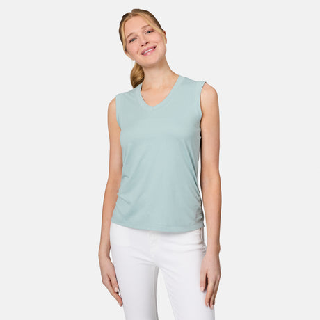 [Emily is 5'10" wearing size S] Woman wearing a light green sleeveless top and white pants on a white background