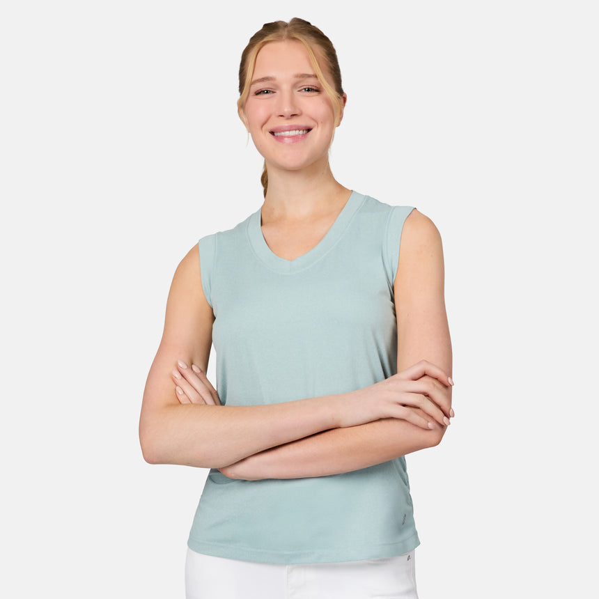 [Emily is 5'10" wearing size S] Woman wearing a light green sleeveless top with arms crossed on a white background
