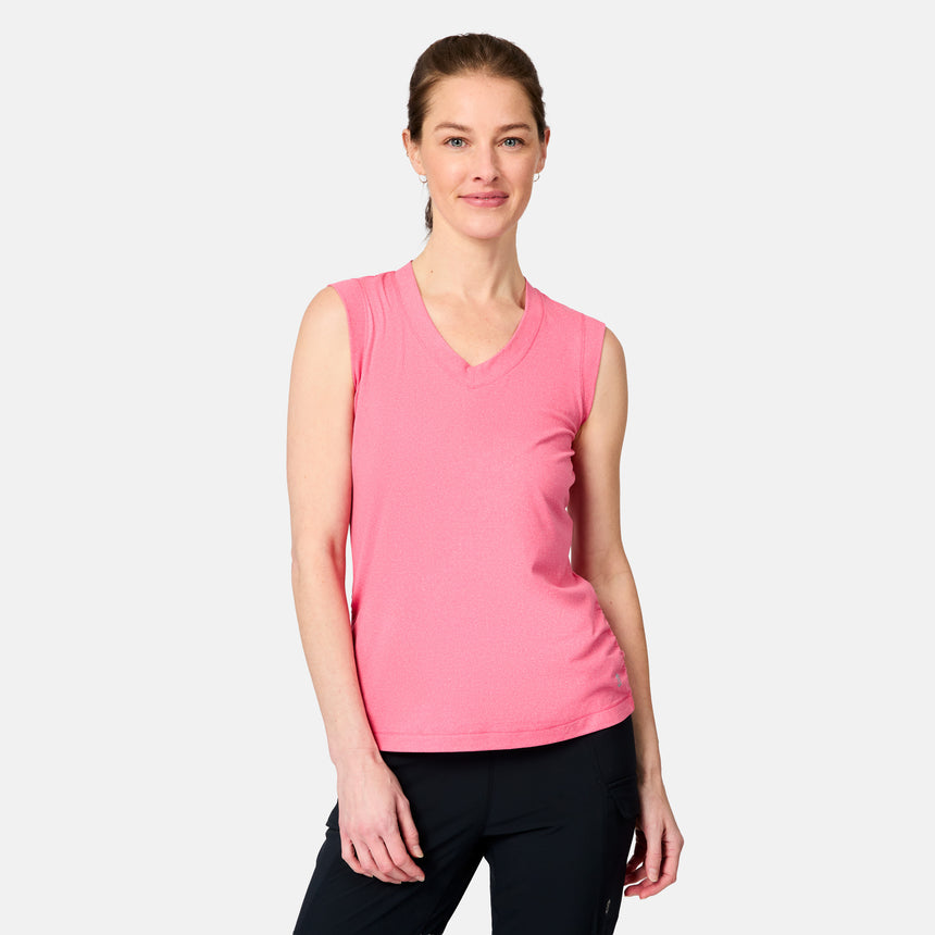 [Kaitlyn is 5'9" wearing size S] Woman wearing a pink sleeveless top on a white background